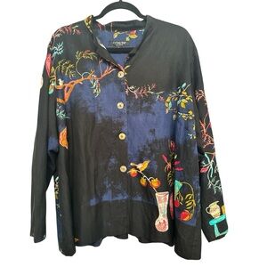 Citron Santa Monica‎ Plus Size Artistic Nature Bird Print Silk/Linen Shirt 2X